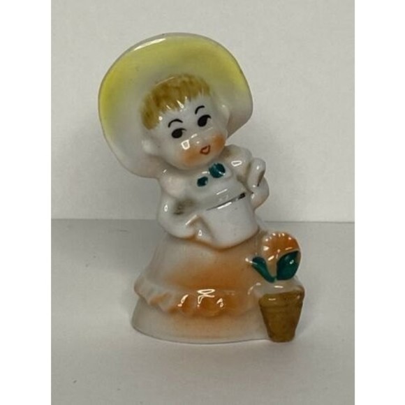 Vintage Porcelain Ceramic Doll Girl watering Flowers Figurine Japan 3.25" tall - Picture 1 of 5